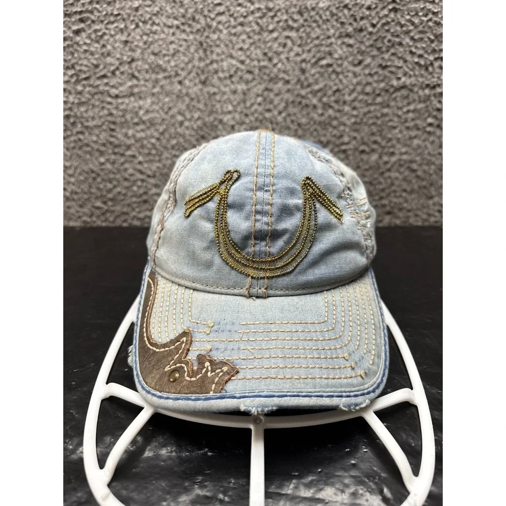 Vintage‎ True Religion Patched Denim Adjustable Strap Cap Blue Mens One Size